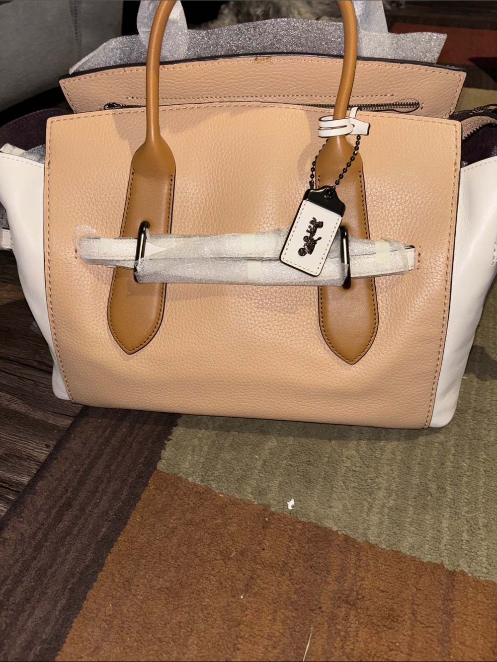 Coach Two-Tone Pebbled Leather Satchel in Beige, Tan & White